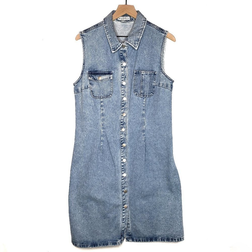 Vintage Newport News Button Front‎ Denim Midi Dress Blue Sleeveless 90s